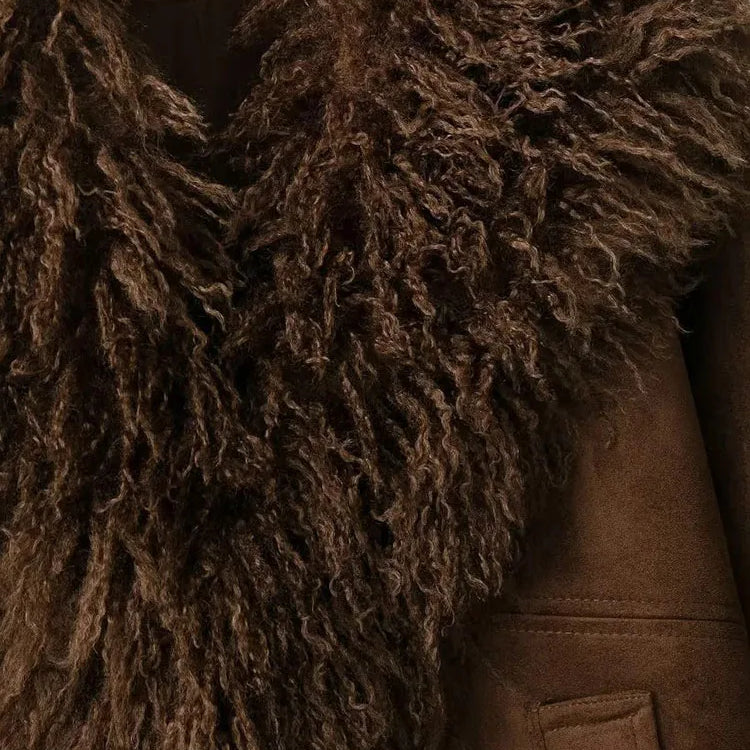 Women 2025 Autumn Winter New Solid Faux Fur Jackets Women Fashion Lapel Plush Coat Slim Elegant Patchwork Brown Short Coats