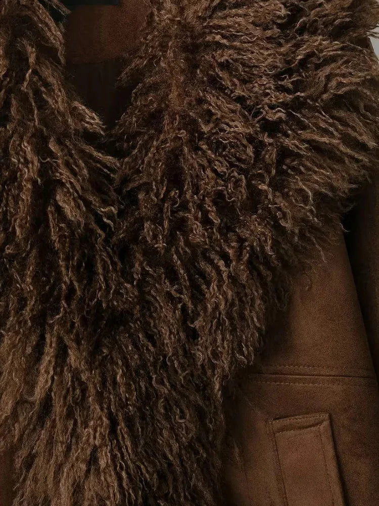 Women 2025 Autumn Winter New Solid Faux Fur Jackets Women Fashion Lapel Plush Coat Slim Elegant Patchwork Brown Short Coats