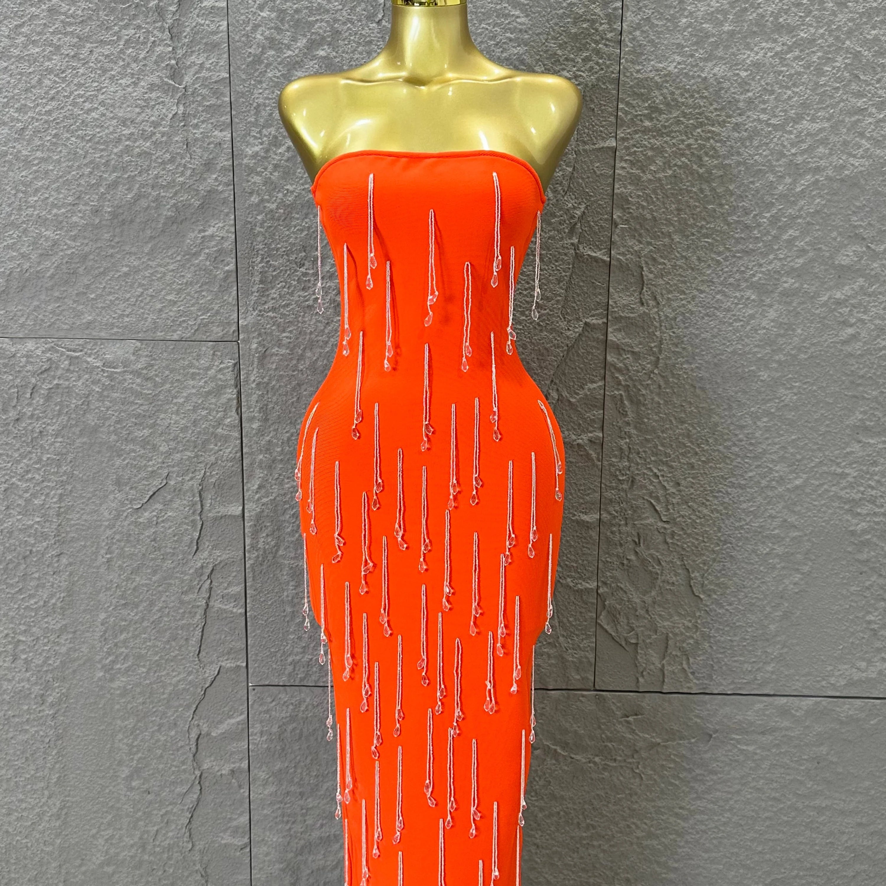 Elegant Orange Crystal Tassel Midi Dress Women Sexy Strapless Rhinestone Fringe Bodycon Slim-fit Outfit Evening Gala Costume