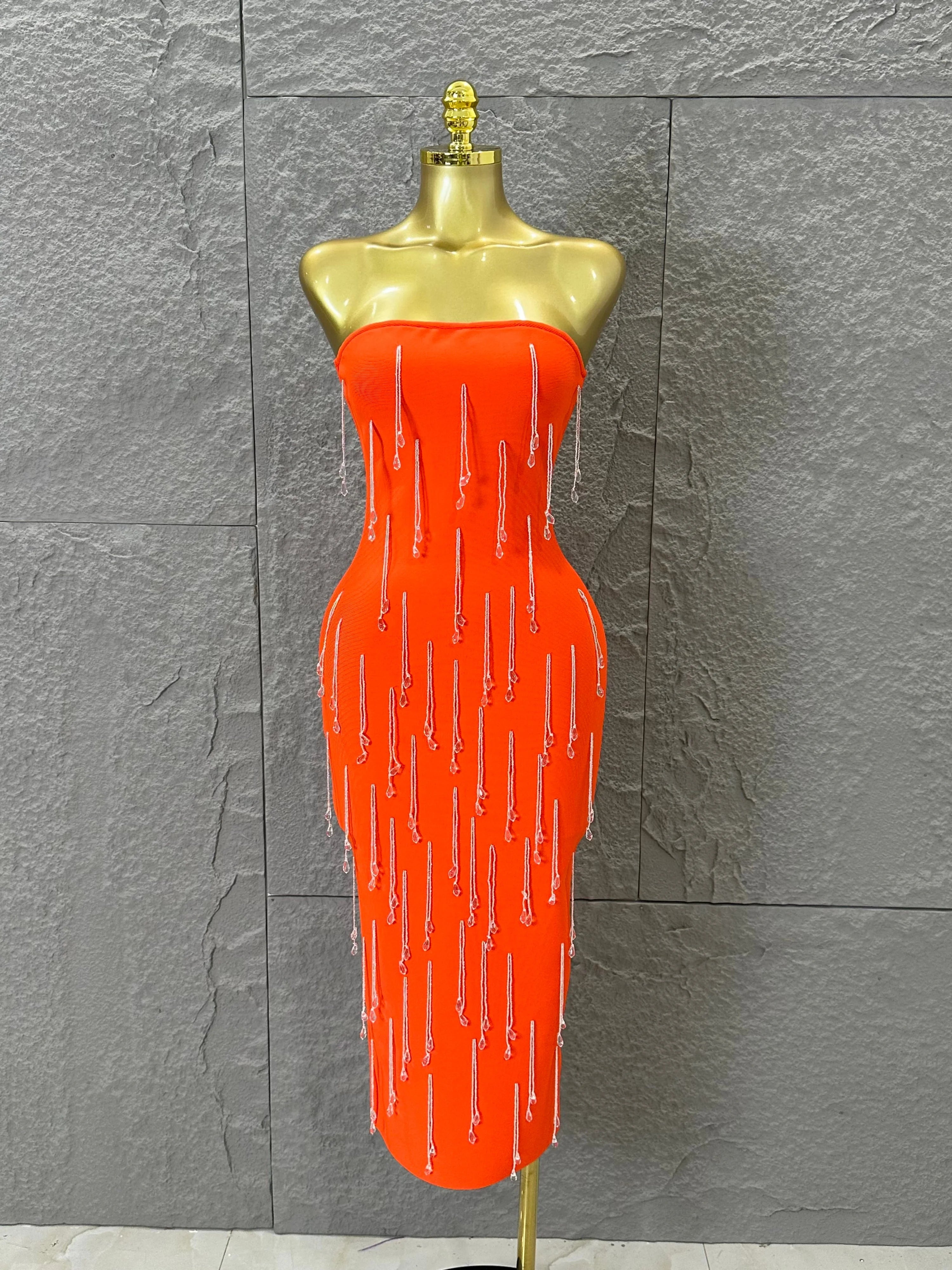 Elegant Orange Crystal Tassel Midi Dress Women Sexy Strapless Rhinestone Fringe Bodycon Slim-fit Outfit Evening Gala Costume
