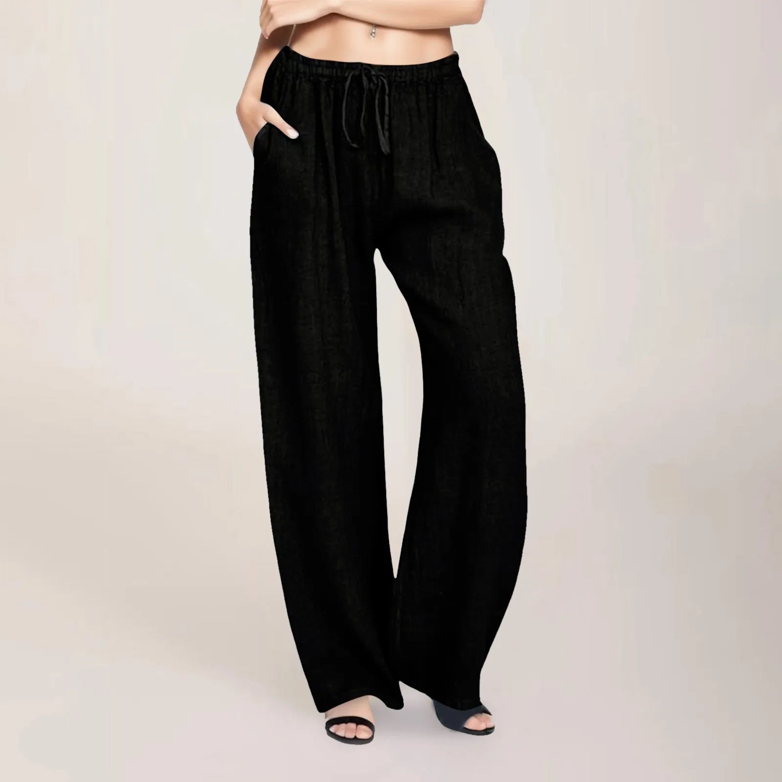 Ladies Casual Solid Color Pants Drawstring Cotton Linen Loose Yoga Sports Fitness Trousers Womens Baggy Pants Black