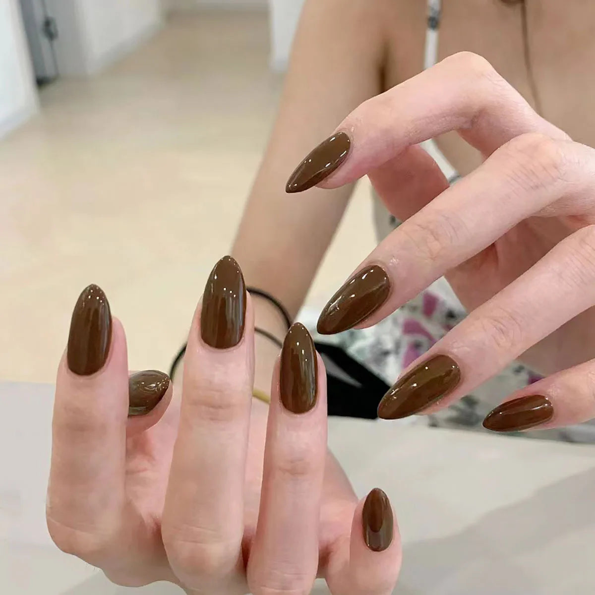 24pcs/set nude fake nails long french almond coffin tips pink grey brown fall Winter decoration faux ongles press on false nail WM124