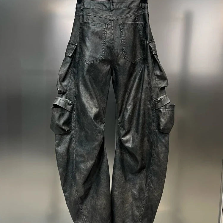 DEAT Multi Pocket Design Vintage PU Leather Pants For Women High Waist Single Button Cargo Trousers Autumn Female 11XX5286