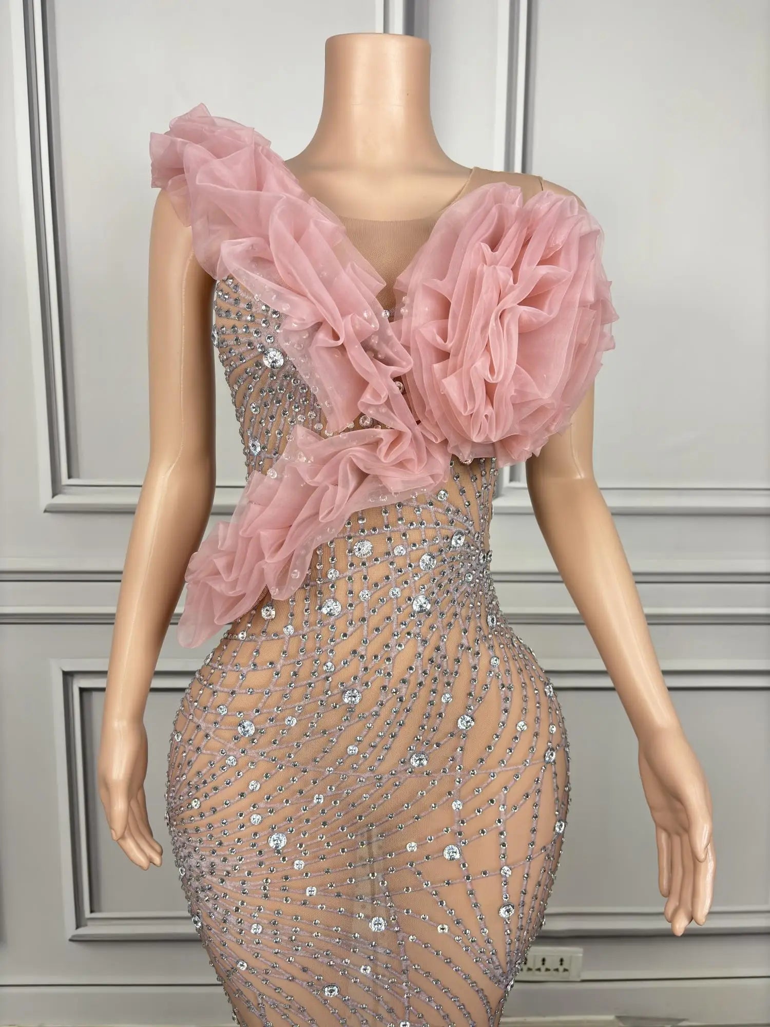 Elegant Ball Dress Sparkly Rhinestone Women Wedding Prom Birthday Party Evening Gown Sheer Mesh Luxury Sexy Maxi Dress Dousha