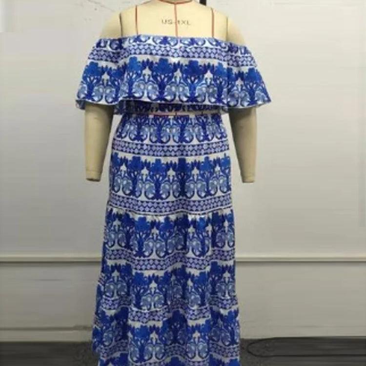 GIBSIE Plus Size Boho 2 Piece Sets Women Vacation Casual Print Off Shoulder Crop Top And Big Swing Long Skirts Two Piece Outfits