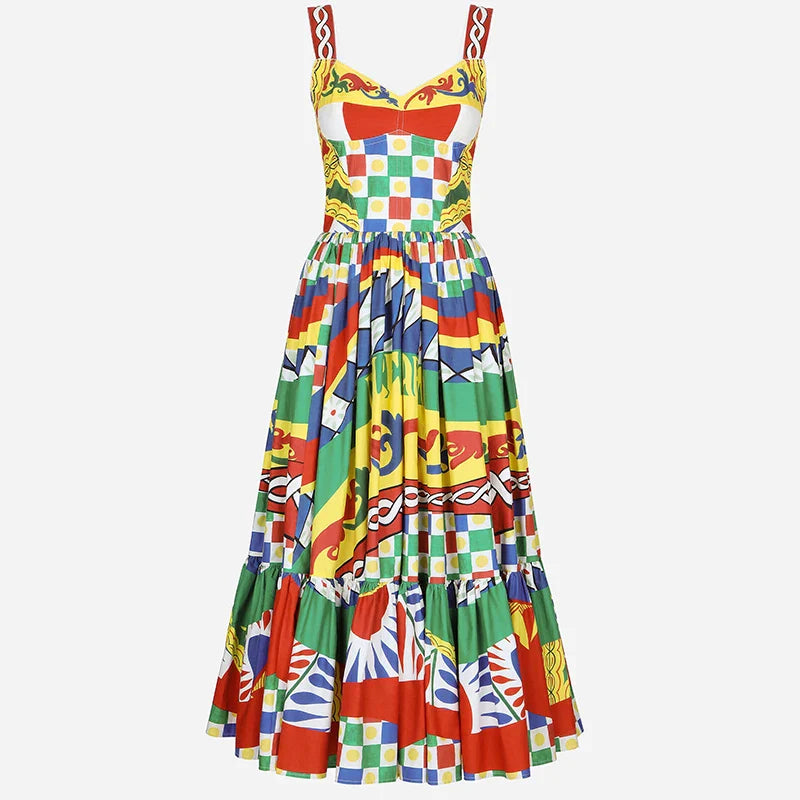 JAMERARY Floral Midi Long Rainbow Stripe Dress Women Fashion Runway Summer A Line Elastic Back Letters Print Vestidos 2023 New stretch 140cm