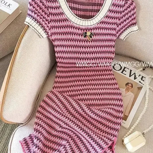 Women Short Sleeve Round Neck Striped Luxury Sheath Mini Dresses Summer Patchwork High Waist Slim Fit Knitting Dress