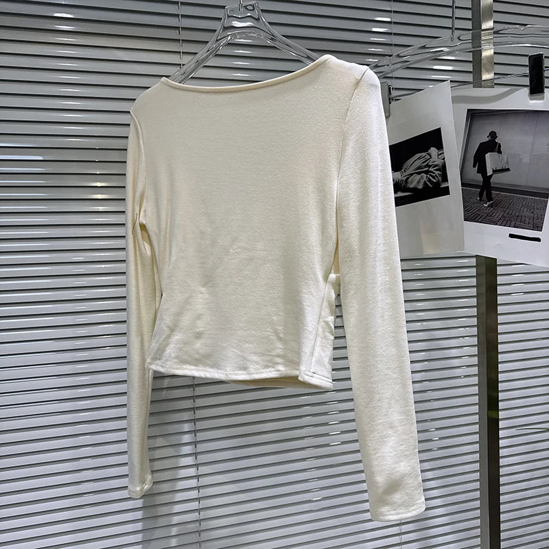 Winter New Elegant Fashion V-neck Lace Trim Design Long Sleeve Base Shirt For Women Slim Fit Tops Female 11A07606