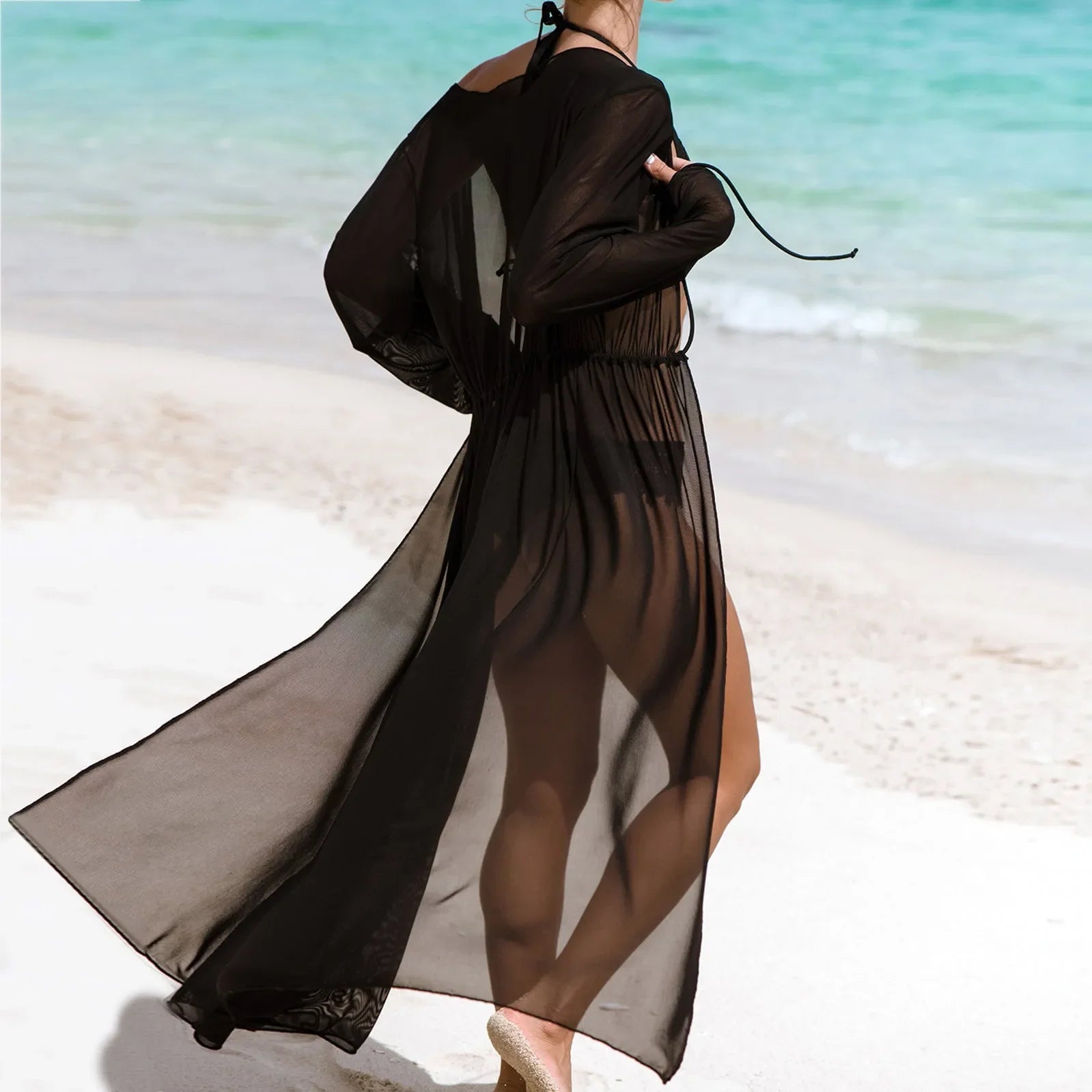 Black Mesh Beach Cover up dress Tunic Long Pareos Bikinis Cover ups Swim Cover Up Robe Plage Holiday Beachwear Swimwear