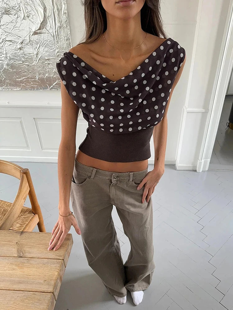 Mozision Backless Polka Dot Crop Tops Women Vest Fashion Summer New Oblique Shoulder Sleeveless Tank Tops Pullovers Female