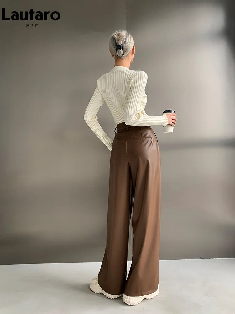 Spring Autumn Loose Casual Flowy Soft Black Brown Pu Leather Wide Leg Pants for Women High Waist Emo Korean Fashion 2023
