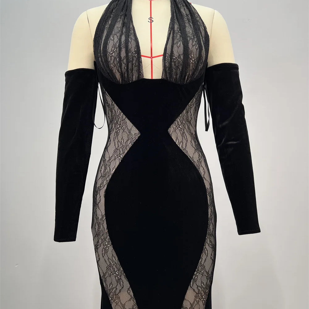 Black Lace Patchwork Velvet Halter Floor Length Dress Celebrity Party Dress Birthday Vestido