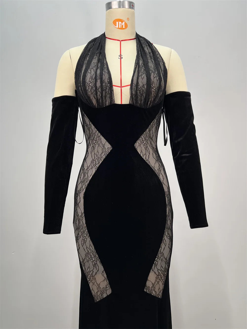 Black Lace Patchwork Velvet Halter Floor Length Dress Celebrity Party Dress Birthday Vestido