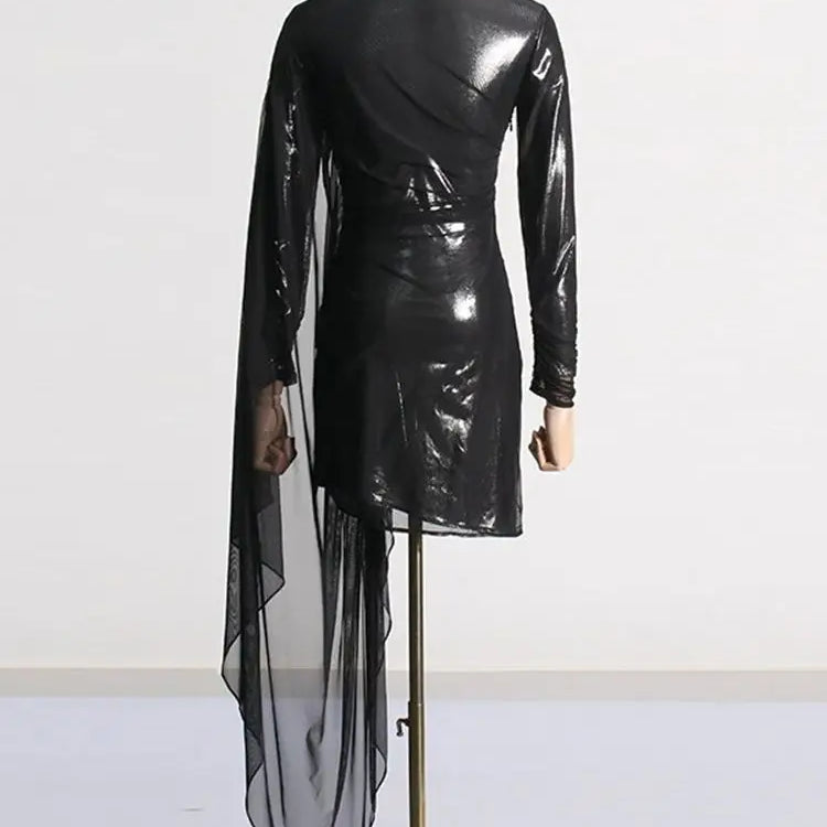 Ailigou New Women's Black Sexy Perspective Mesh Pleated Design Long sleeved Tight Mini Dress Elegant Celebrity Party Dress