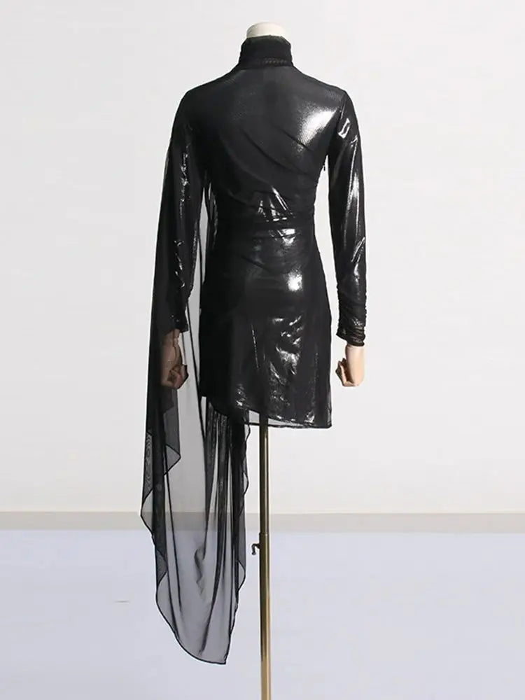 Ailigou New Women's Black Sexy Perspective Mesh Pleated Design Long sleeved Tight Mini Dress Elegant Celebrity Party Dress