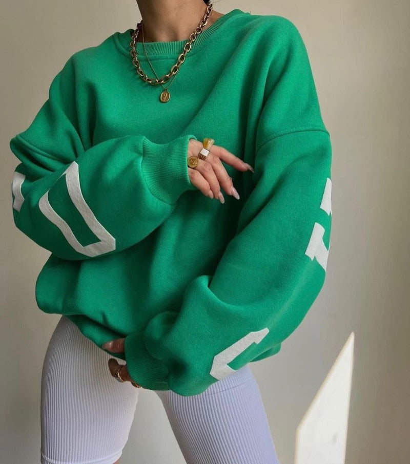 Women Casual Sweatshirts Fashion Letters Print O Neck Long Sleeve Pullovers Tops Vintage Loose Autumn Y2k Hoodies Streetwear