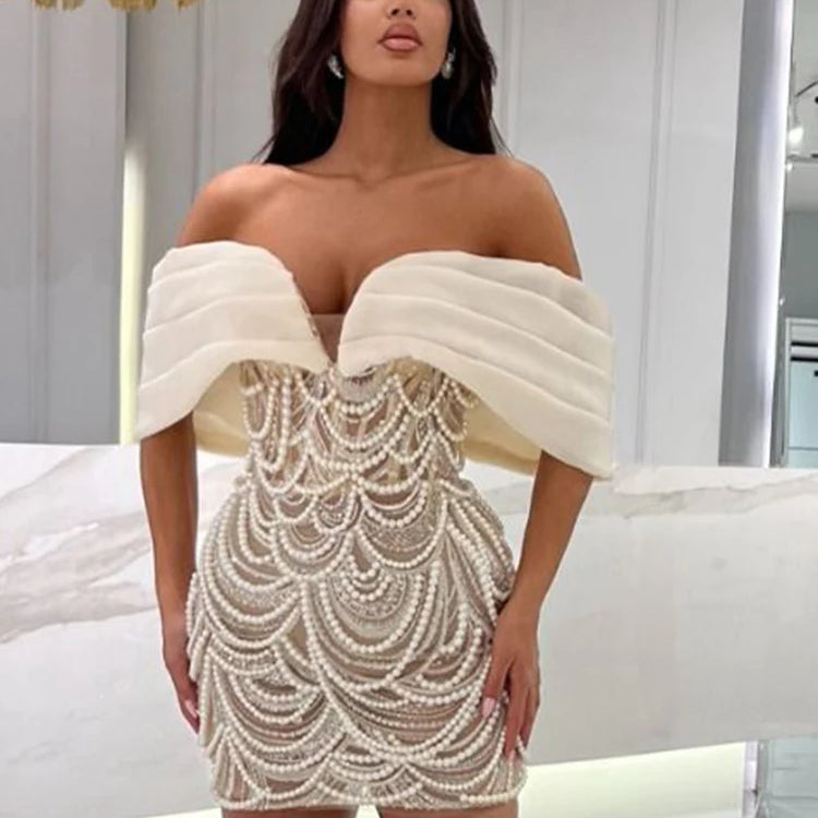 Beige Spilced Folds Short Dress Off The Shoulder Pearl Sequins Beading Chains Mini Cocktail Evening Party Vestido
