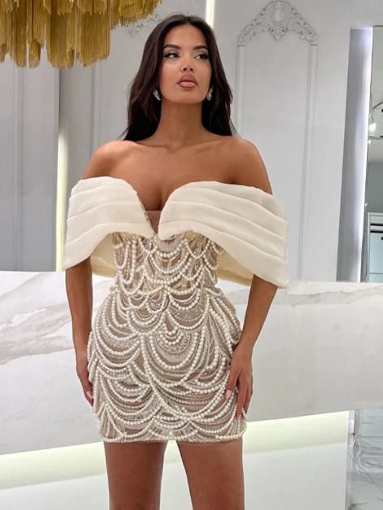 Beige Spilced Folds Short Dress Off The Shoulder Pearl Sequins Beading Chains Mini Cocktail Evening Party Vestido