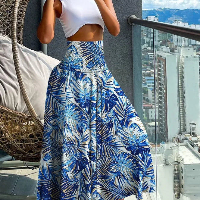 Women Fashion Bandanna Paisley Big Swing High Waist Maxi Skirt Streetwear 2024 Boho Vintage Casual Long Skirts Blue