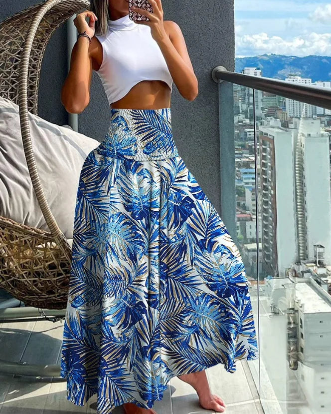 Women Fashion Bandanna Paisley Big Swing High Waist Maxi Skirt Streetwear 2024 Boho Vintage Casual Long Skirts Blue