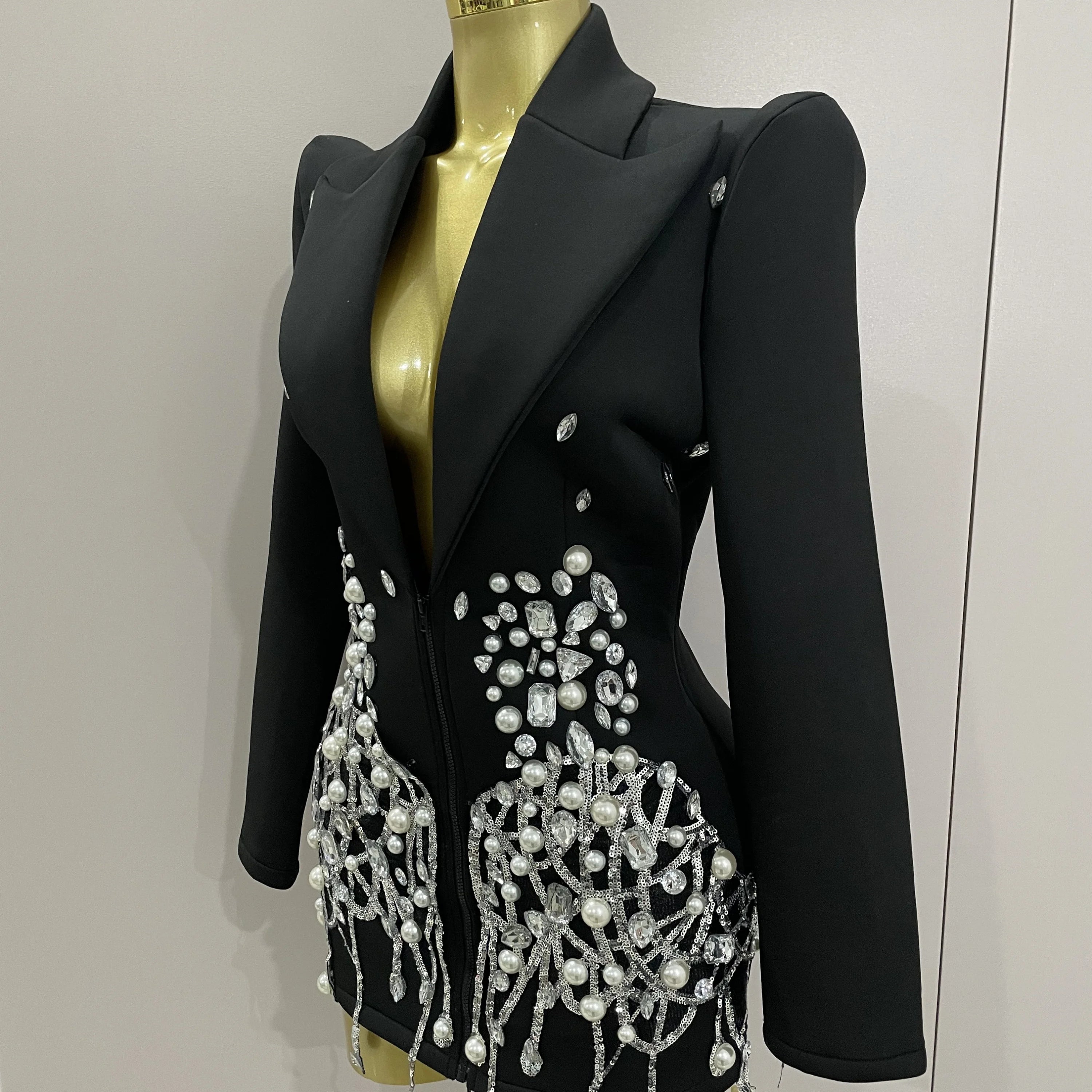 2025 Sparkly Crystal Chains Pearls Long Sleeve Mini Dress Women Birthday Evening Party Nightclub Outfit Singer Wedding Costume