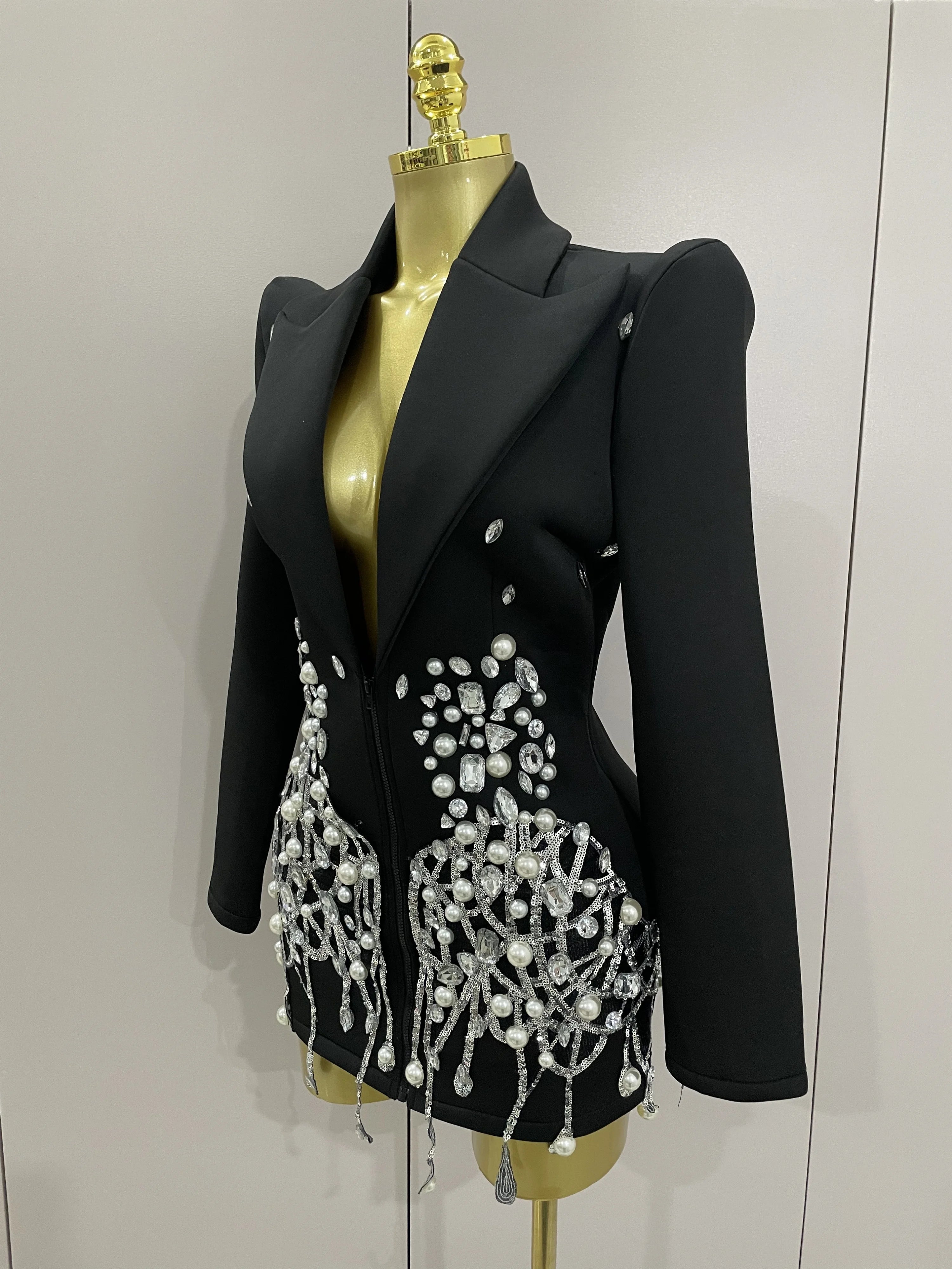 2025 Sparkly Crystal Chains Pearls Long Sleeve Mini Dress Women Birthday Evening Party Nightclub Outfit Singer Wedding Costume