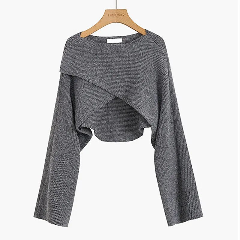 Short Pullovers Sweaters Autumn Winter 2024 Streetwear Knitted Sweater Women's Long Sleeve Cross Irregular Solid Y2K Tops 22933 Gray One Size