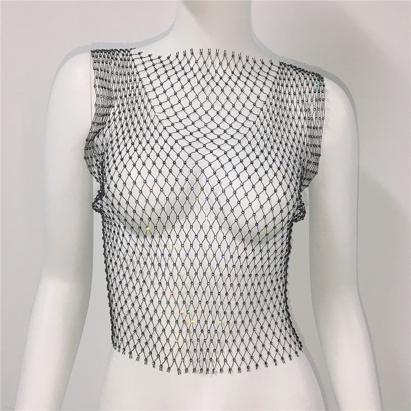 Women's Fishnet Rhinestone Crop Top 2024 Summer Sexy Mesh High Elastic Black White Shirt Net See Through Rave Diamond Tank Top Black