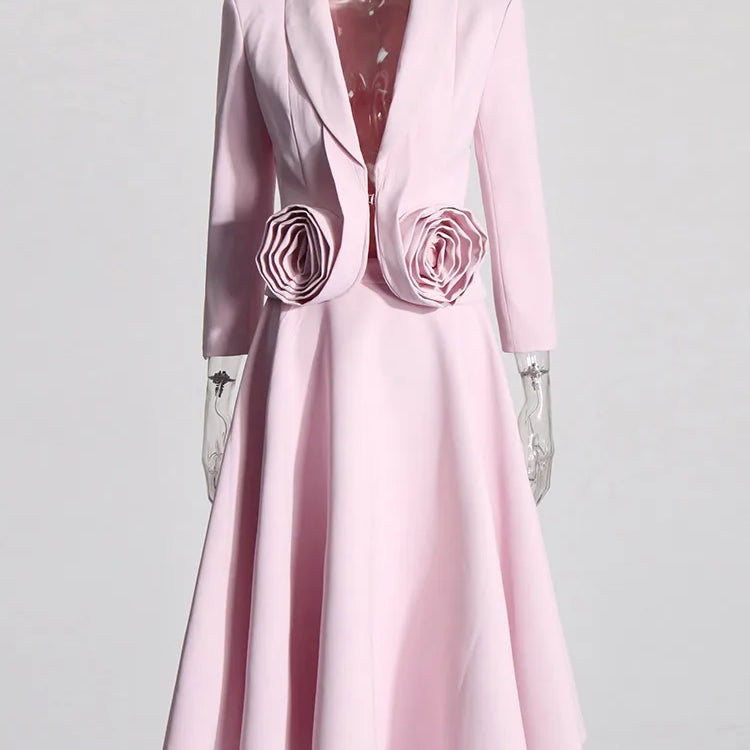 Elegant Two Piece Set For Women Shawl Collar Long Sleeve Spliced Appliques Top High Waist A Line Skirt Slim Sets