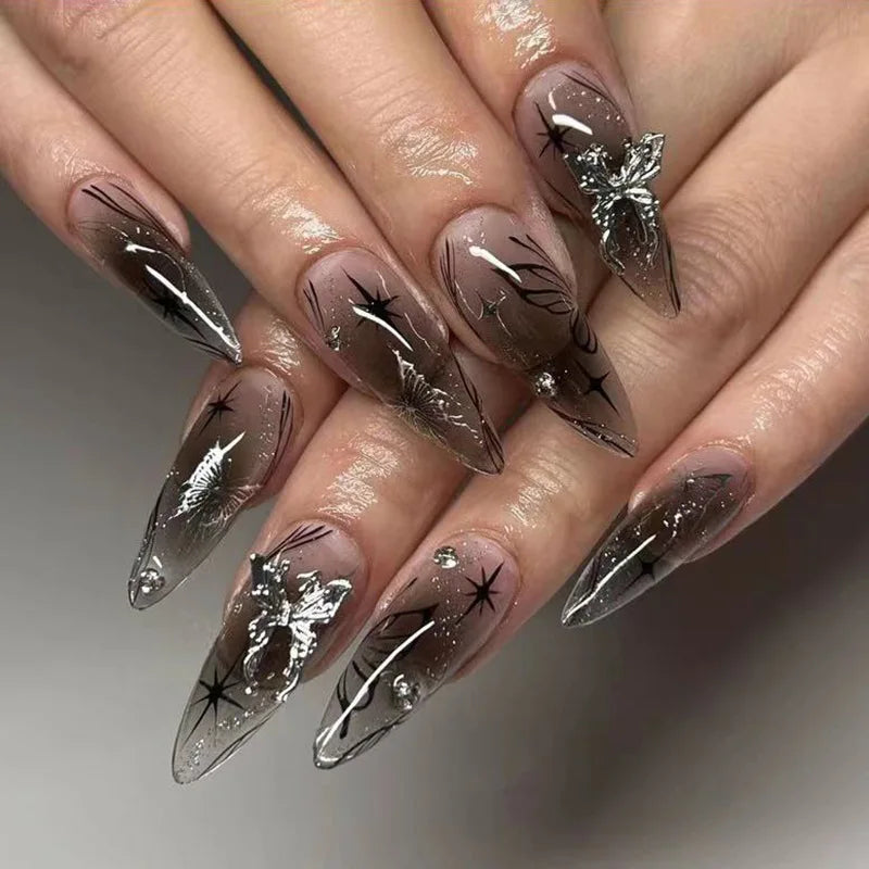 24pcs Long Coffin Gothic Press on Nails Sliver Star Flame Crocodile Print False Nail Wearable European Spicy Girl Fake Nails 5
