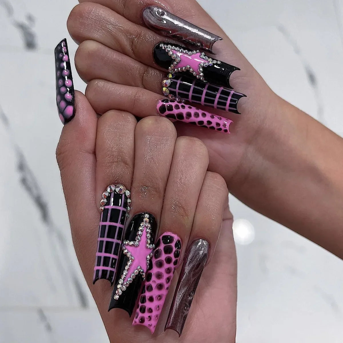 24Pcs French Tip Press on Nails Long Glitter Rhinestone False Nails Wearable Y2k 3D Bow Tie Designs Fake Nails with Jelly Glue 3