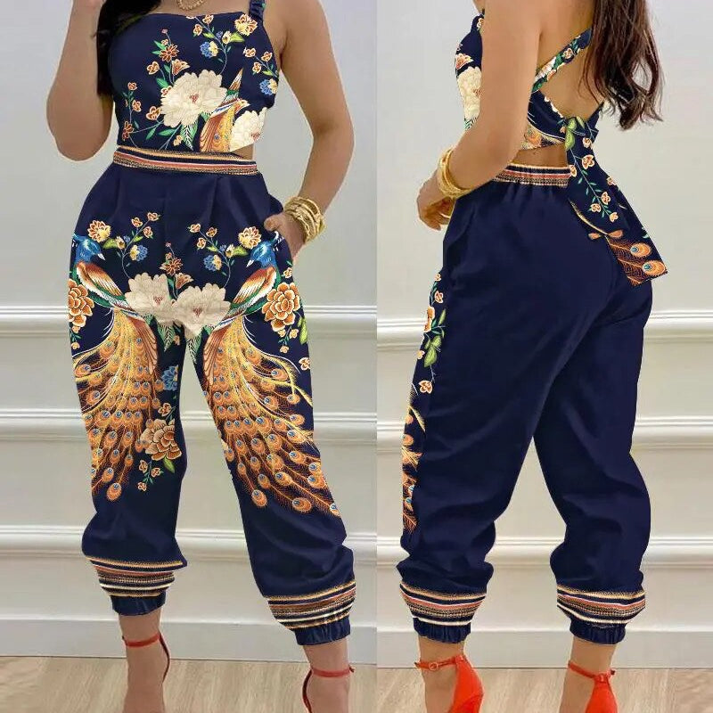 Woman Jumpsuits Elegant Jumpsuits Sexy V-neck Sleeveless Printed Jumpsuit New Fashion with Belt Vest Playsuit Streetwear H