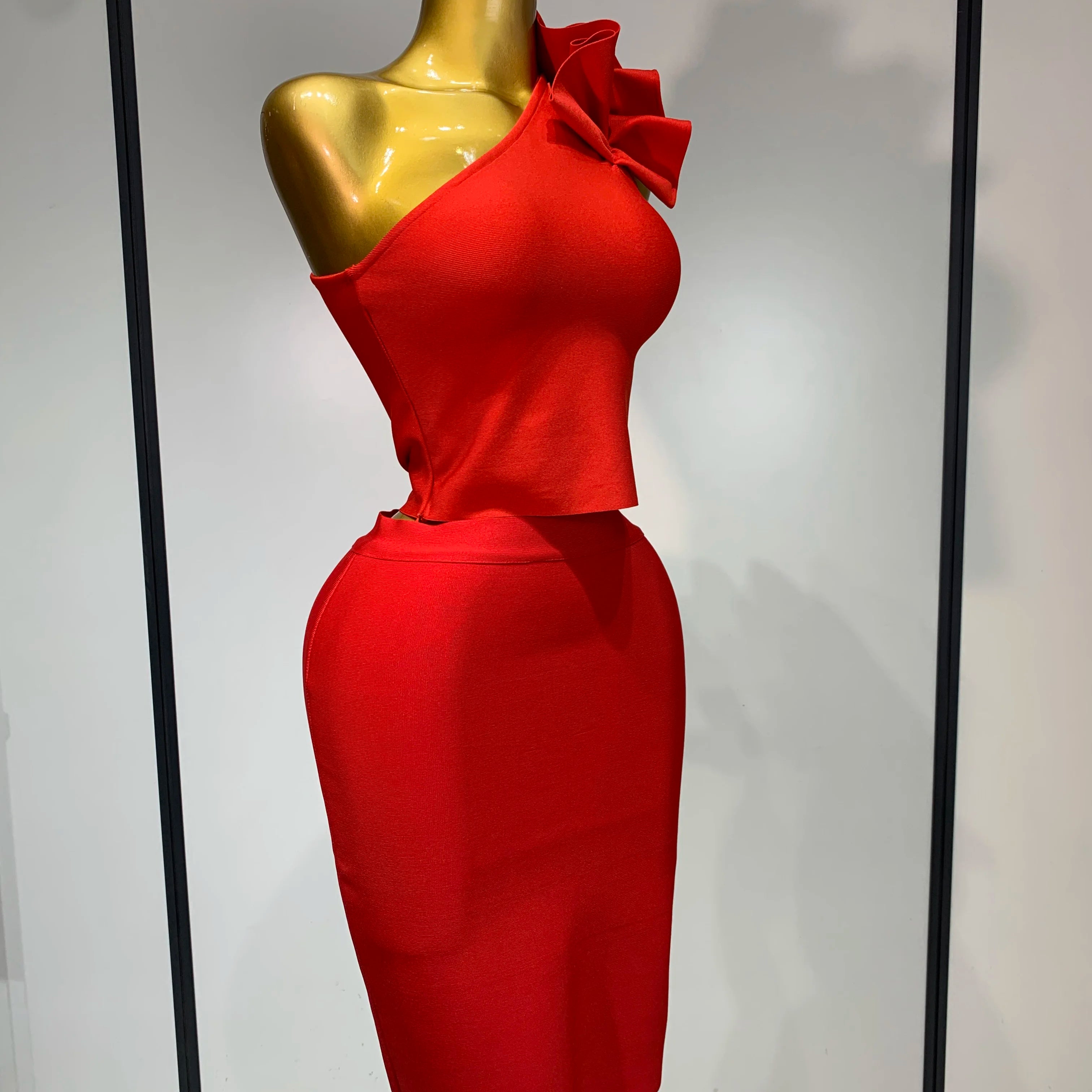 Women Sexy Sleeveless Ruffles One Shoulder Bandage Two Piece Set Fancy Club Evening Celebrity Elegant Party Bodycon Vestidos