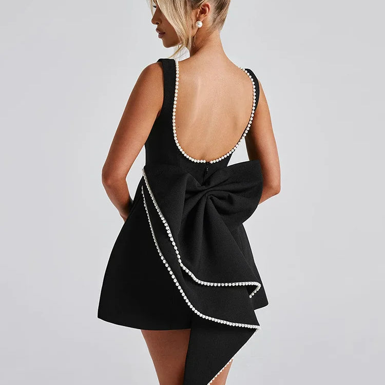 Pearl Bow Backless Sexy Mini Dress For Women Robe Fashion Zipper Sleeveless High Waist A-line Club Party Dress Elegant