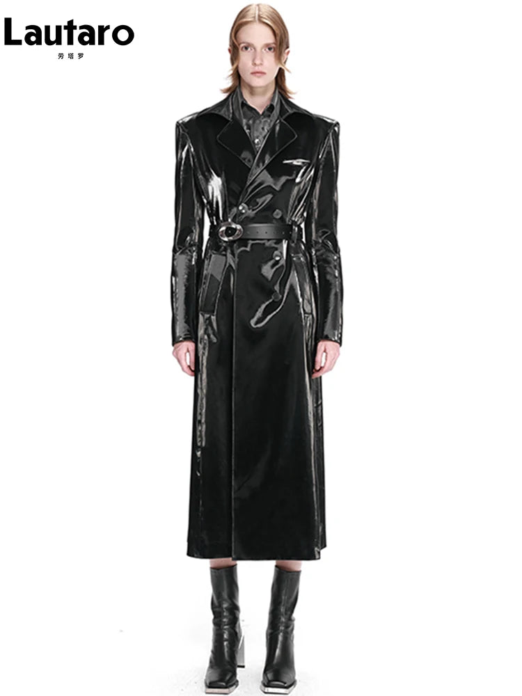 Lautaro Spring Long Shiny Reflective Hard Black Faux Patent Leather Trench Coat for Women Belt Double Breasted Overcoat 2025