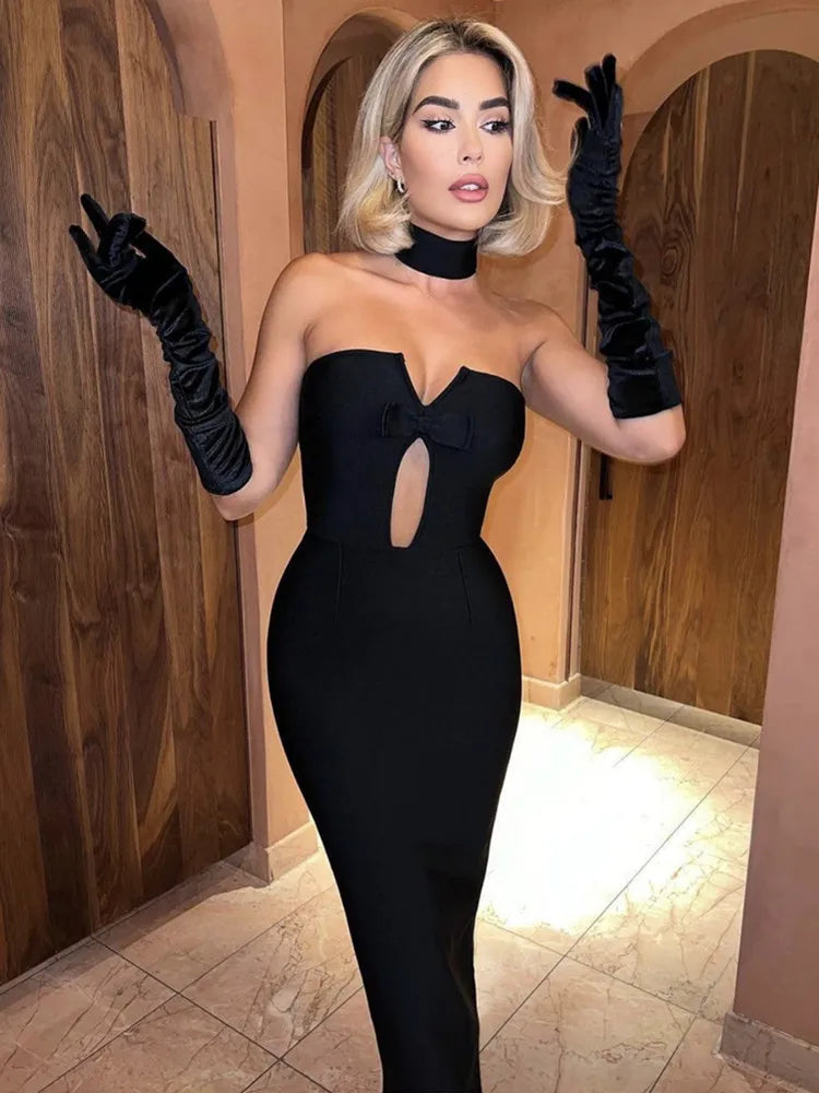 Summer Sexy Strapless Backless Bow Tie Hot Pink Black Ankle Women Bodycon Bandage Dress Elegant Evening Club Party Dress