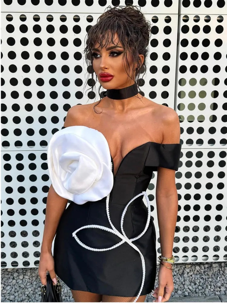 Women Celebrity Sexy Off Shoulder White Flower Black Mini Bodycon Bandage Dress Elegant Evening Club Party Dress