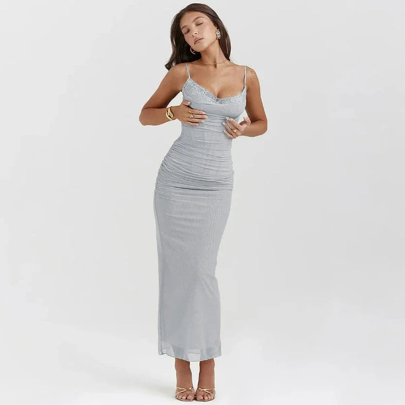 Suninheart Summer Mesh Maxi Dresses for Women 2023 Rose Spaghetti Strap Bodycon Dress Elegant Formal Occasion Dress Female gray perfect fit