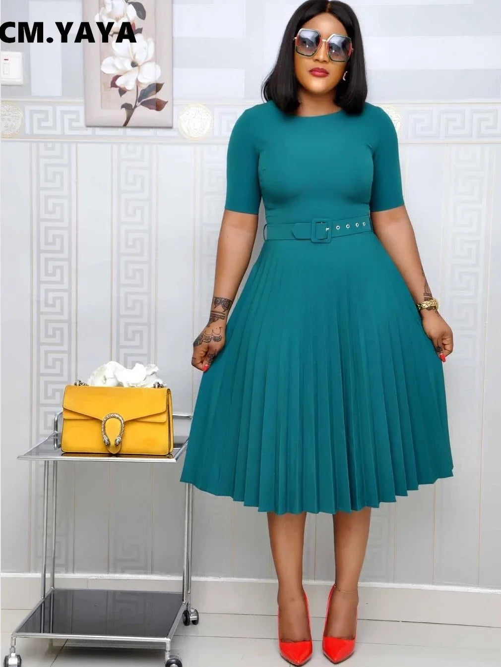 Summer Midi Pleated Dress Short Sleeve Office Lady Africa Sashes Women High Waist Elegant Dresses Vestidos