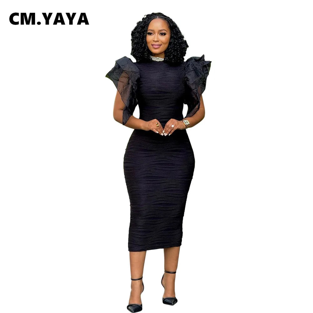 CM.YAYA Women Ruffles Short Sleeve O-neck Striped Knee Length Dress Street Vestidos Sexy Night Club Party Evening Chic Dresses