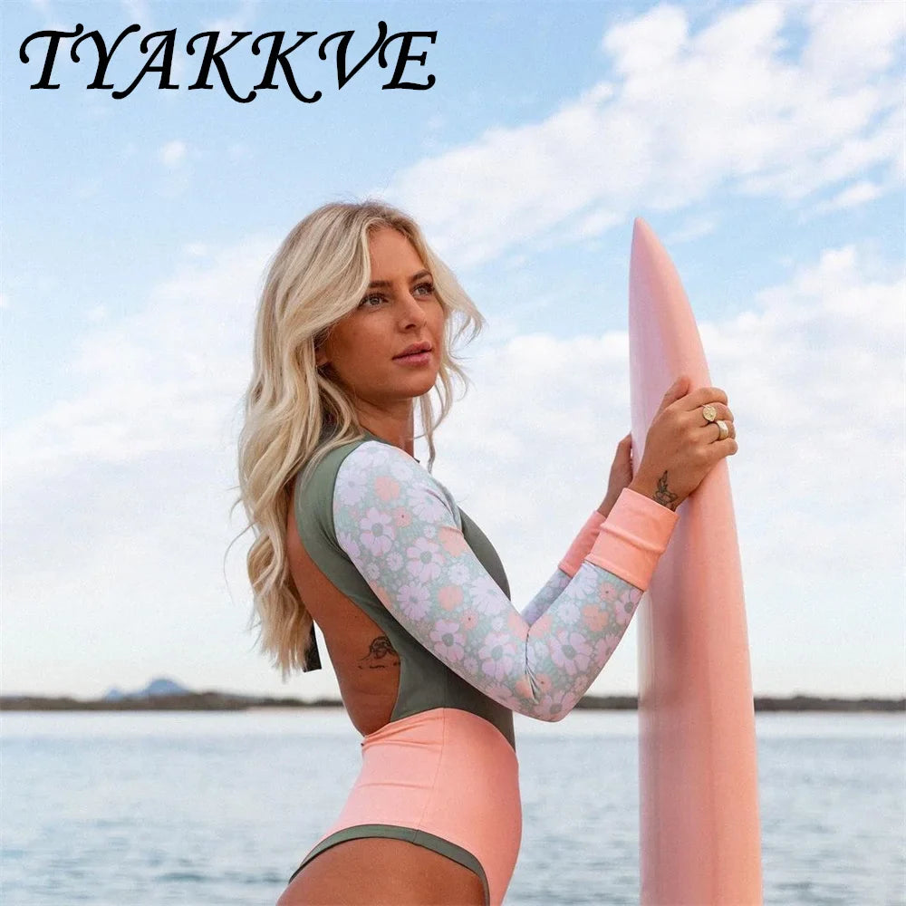 TYAKKVE Long sleeved tie dye integrated swimsuit beach Rash Guard surfing beach jumpsuit backless plus size sports new