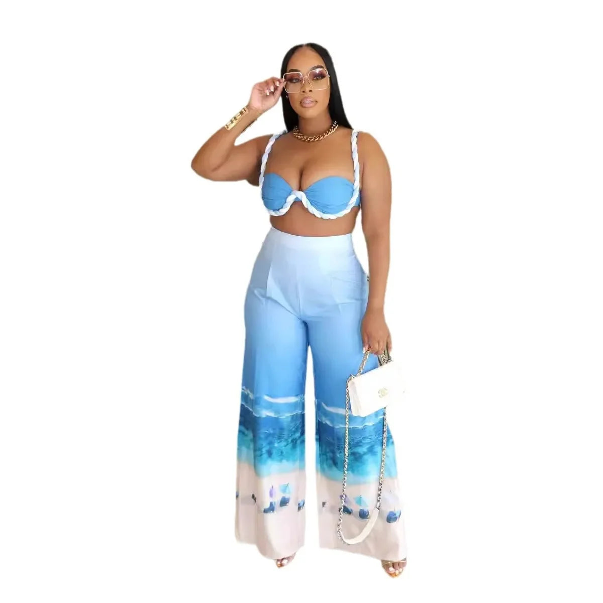 Summer Women's Set Beach Print Sleeveless Strapless Tops +Wide Leg Pants Suits Street Two 2 Piece Sets Bohemian Outfits Blue