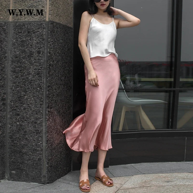 WYWM Summer High Waisted Satin Silk Skirt Women Solid 8 Color Fashion Elegant Ladies Streetwear Skirts Slim A-line Female Dress