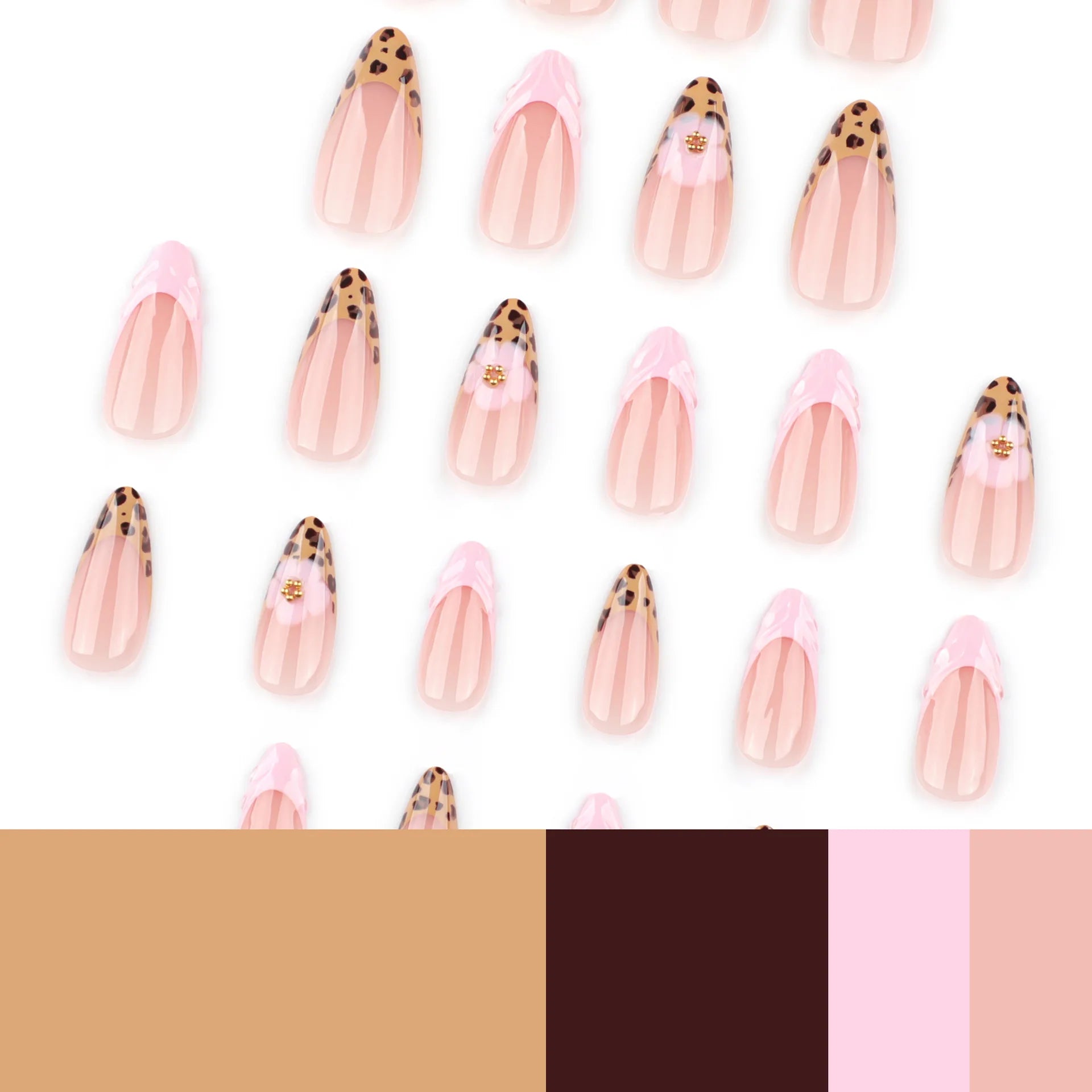 24pcs Leopard Print French False Nails Pink Flower Decor Press on Nails Wearable Reusable Sweet Cool Almond Fake Nail Tips