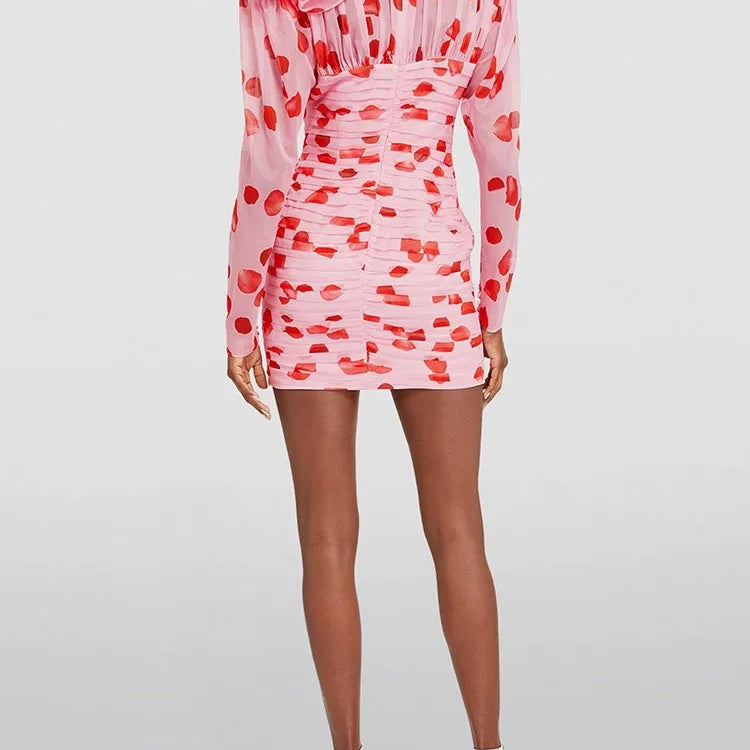 Print Patchwork Floral Cut Out Dress For Women V Neck Long Sleeve High Waist Folds Mini Dresses Female Clothes New