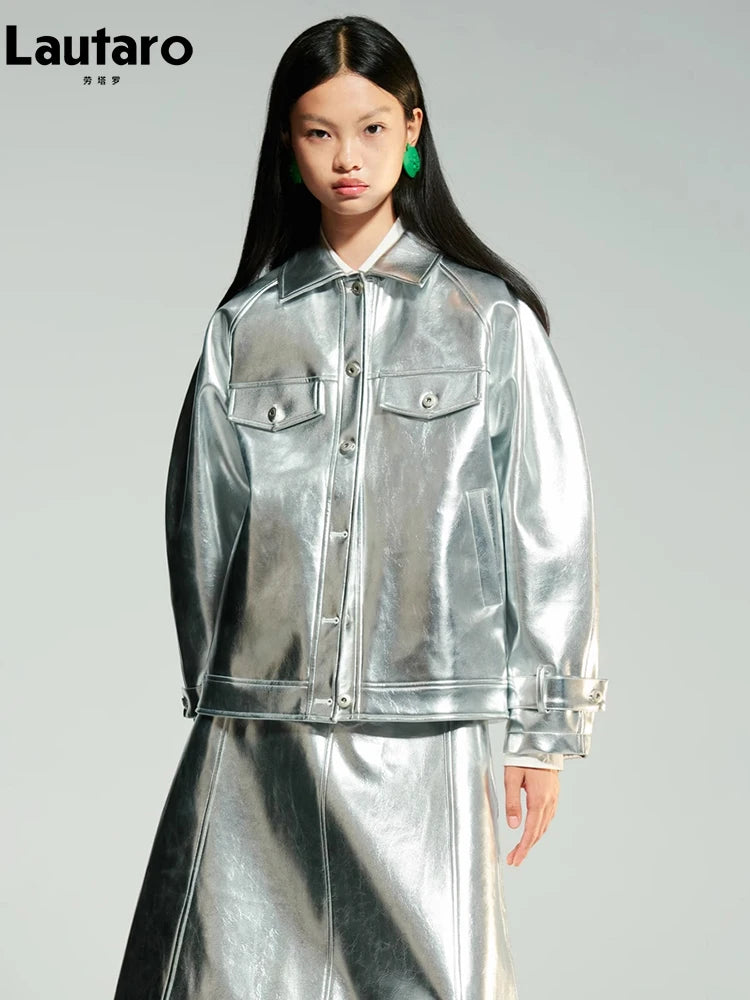 Lautaro-Women's Shiny Patent Faux Leather Jacket with Raglan Long Sleeve, Luxury Designer Clothing, Spring, Autumn, Silver, Y2K