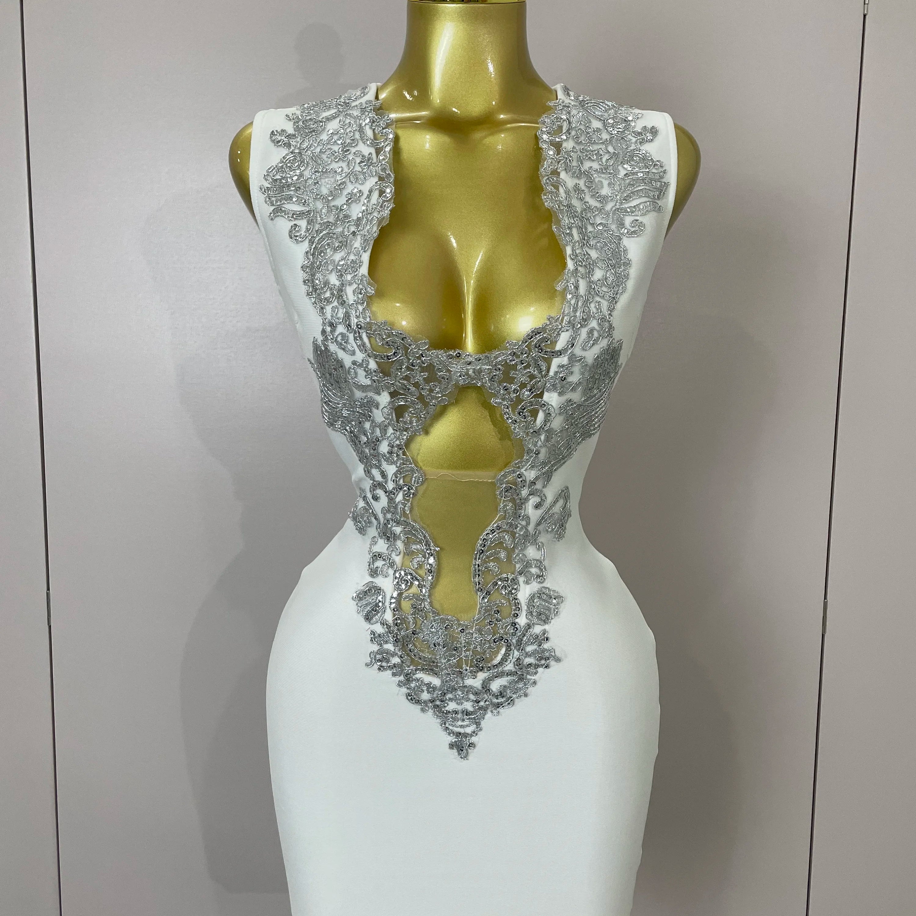 Sexy Silver Sequin White V Neck Cut Out Short Bandage Dress Women 2025 New Elegant Luxury Birthday Party Club Wedding Vestidos WHITE