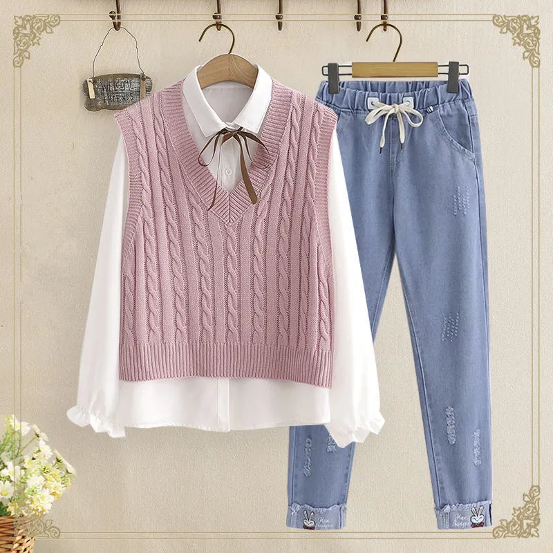 Women's Korean Preppy Style Student 3 Piece Clothing Set Spring Fall Girls Casual Bow Shirt Knit Vest Denim Pants Outfits Pink 3 PCS Set