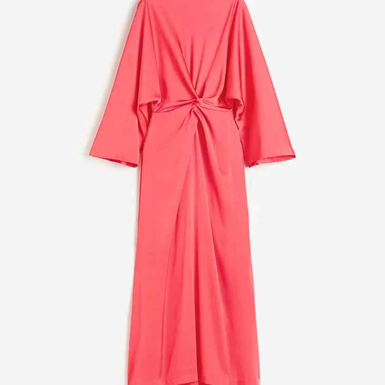 Solid Satin Batwing Sleeve Pleated Maxi Dress Women Fashion Long Sleeve O-neck High Waist Vestidos Lady Casual Loose Robes Red