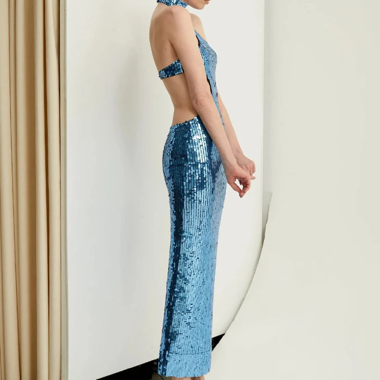 Blue Shiny Sequined Hatler Evening Dress Backless Cut Out Sleeveless Prom Bodycon Wedding Party Cocktail Evening Gown Vestido